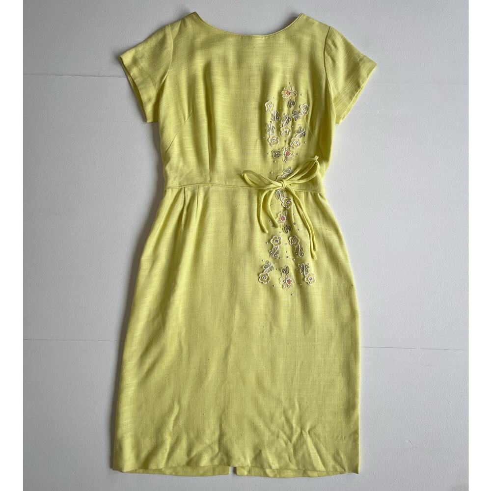 Vtg 60s Yellow Linen Floral Sheath Mod Cocktail Dress / Nat Turoff Chicago / S/M